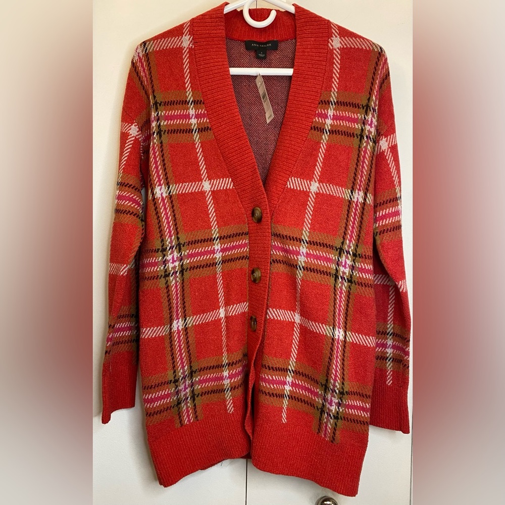 Ann Taylor Jacquard Plaid Boyfriend Cardigan (S) Ptp20”-24” (R$119) NWT - Picture 5 of 7